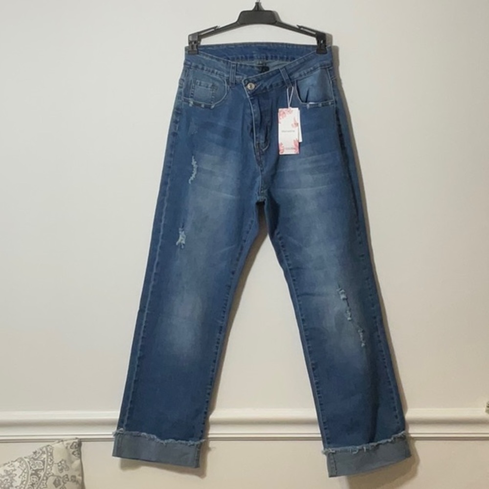 Blue Boyfriend Jeans with Distressed Details